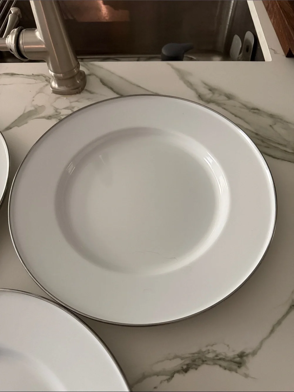 Pottery Barn White  Enamel 12” buffet dinner plate w/Silver Rim - Set of 3